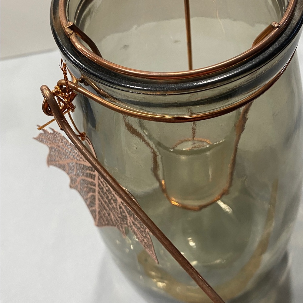 Tall Large smoky Glass votive lantern rose gold accent leaf and wired handle - Picture 7 of 7